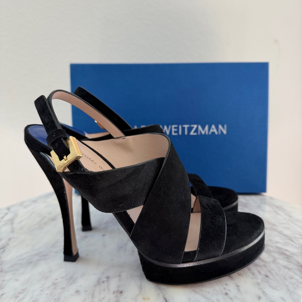 Stuart Weitzman Hester Strappy Black Suede Platform Stiletto Heels 6.5